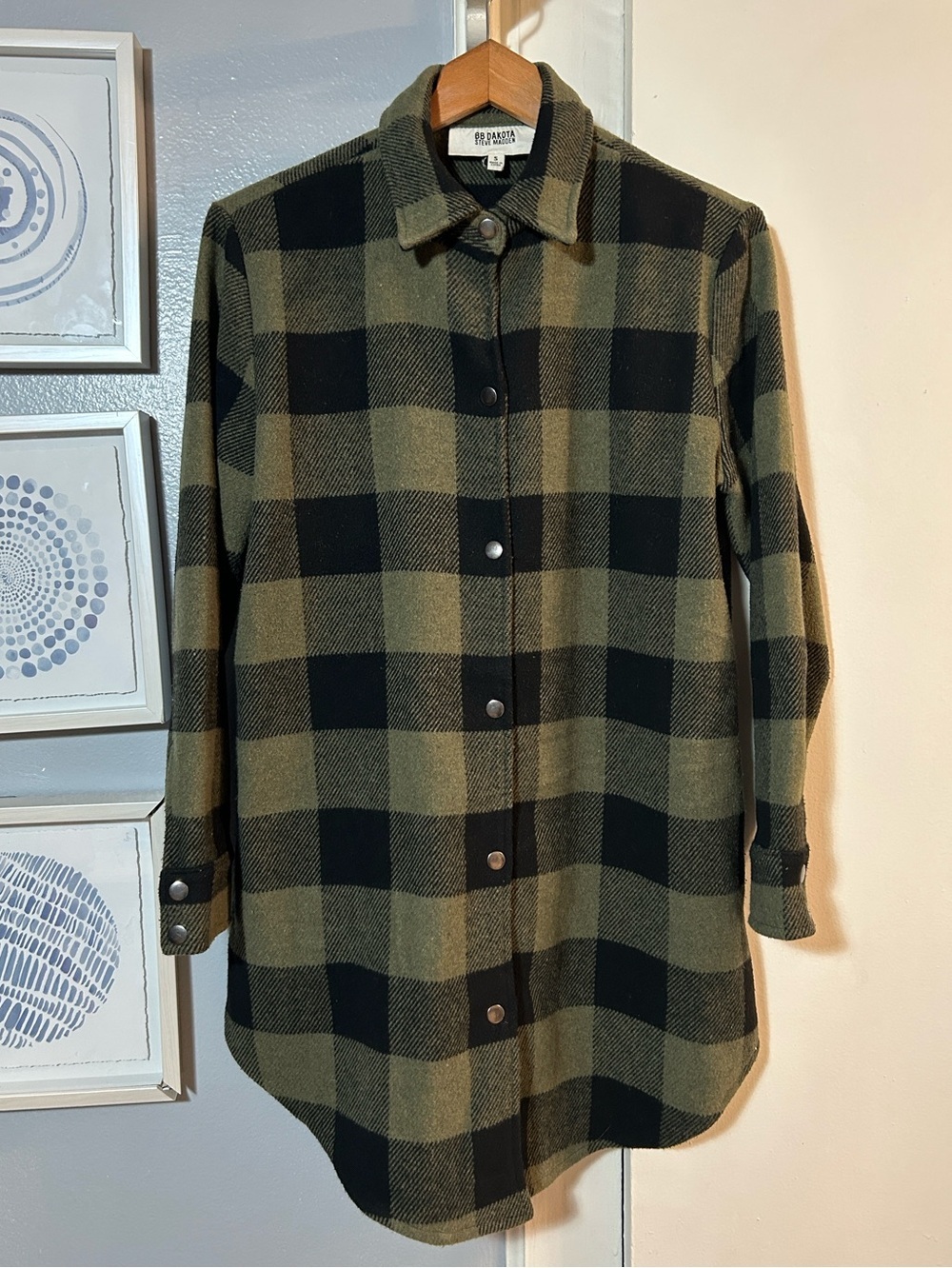 BB Dakota Steve Madden Oversized Shacket Women Olive Black Plaid Snap Front Sz S